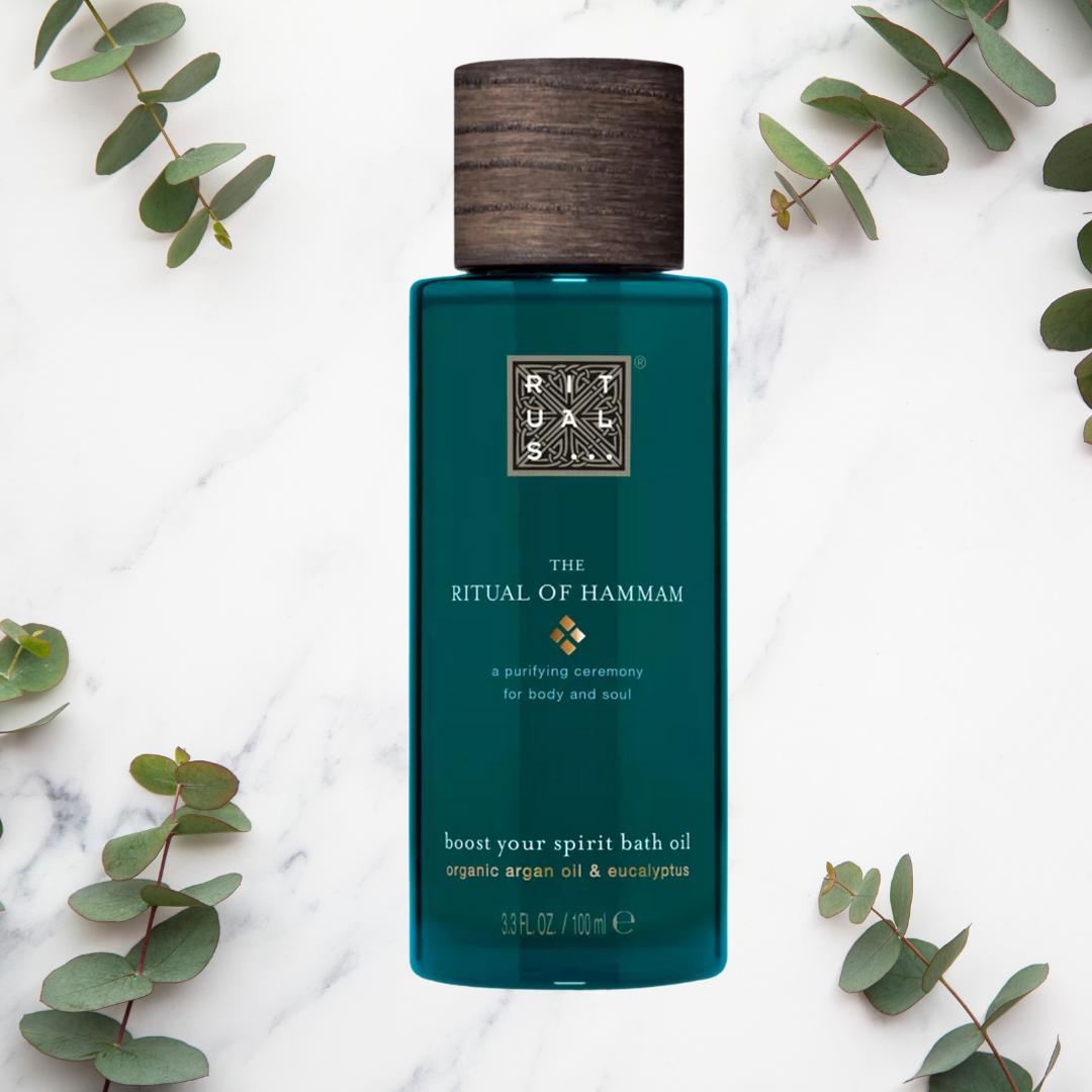 In a beautiful glass green bottle, Rituals' Hammam Bath Oil is rich in argan oil, eucalyptus oil and vitamin A to deeply mousturise your skin and invigorate your spirit.