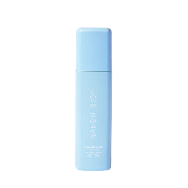 The Hydrating Facial Cleanser by Bangn Body comes in a sky blue rectangular glass tube.