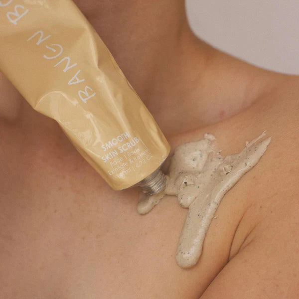 This Smooth Skin Scrub - Face and Body Exfoliator and Mask by Bangn Body comes in a beautiful peach foiled tube.